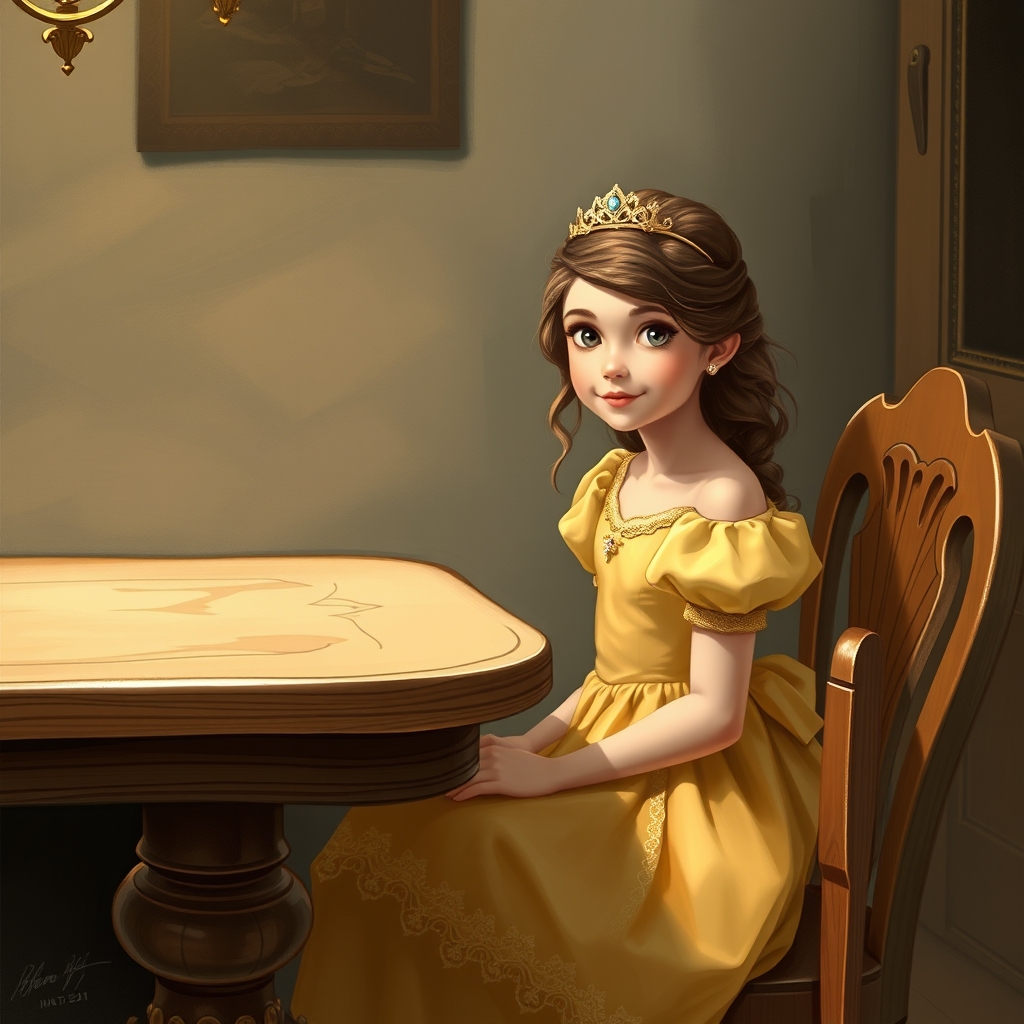 یک شازاده ی دختر ۷ساله که لباسش تلایی    باشد که درجلش میز قویی باشد که ختای کج داشته باشدکه  رنگش قوییی کمرنگ داشته باشد

21