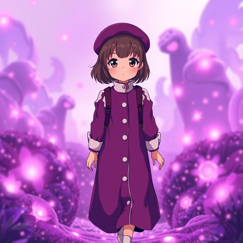 یک دختر درحال پیاده روی در یک سرزمین خیلی زیبا که لباس دختر بنفش باشه و دکمه داشته باشه و آستین ها و یقه ی لباس هم سفید و یک کوله بنفش هم داشته باشه روی سرش هم یک کلاه باشه و فضا طیف رنگ بنفش 10