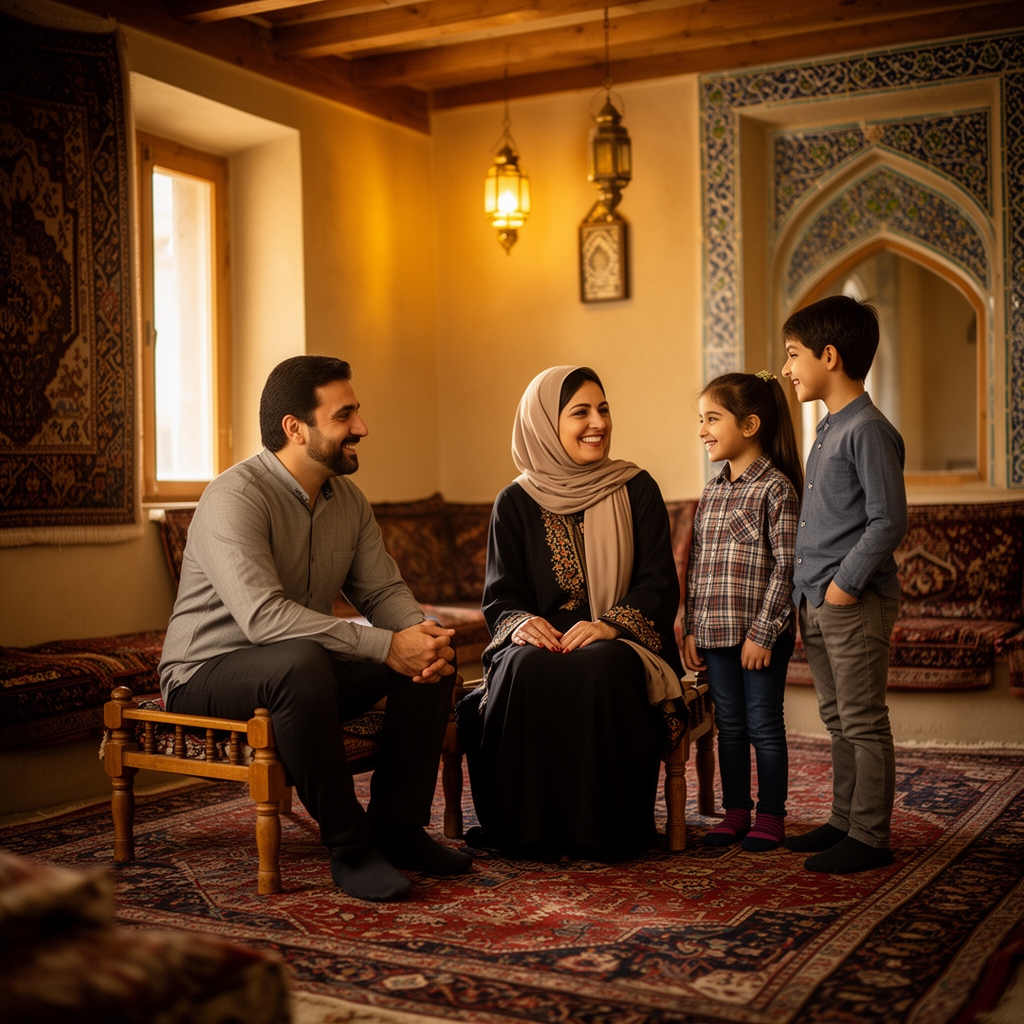 محبت خانواده در کنارهم در خانه ای سنتی ایرانی و صمیمی پدر پادر🧕 با دختر و پسر و لبخند همگی1