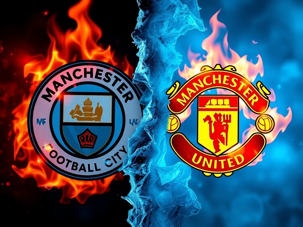 لگوی منچستر سیتی که چسبیده به لگوی منچستر یونایتد و طرف منچستر سیتی یخ و طرف منچستر یونایتد آتش است23