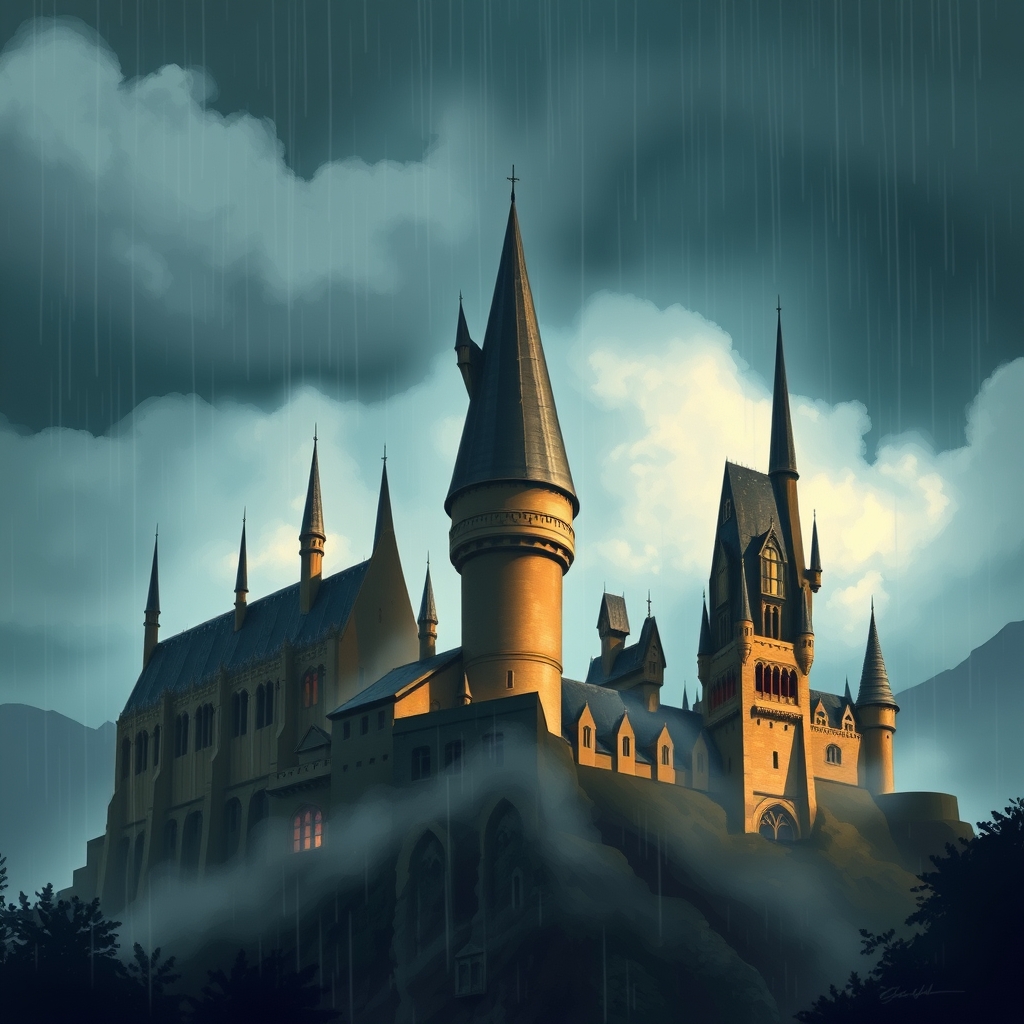 قلعه هاگوارتز رو تو یه روز بارونی برام تصویر سازی کن5