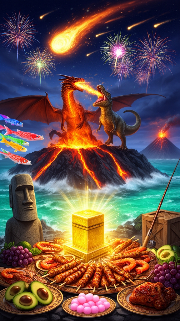 🐉🦖🐲🍢🎊🎏🍺🍤🍖🥑🦠🎆🍇🎣🗿☄🕋🌋🌠🌊🔥🍡4