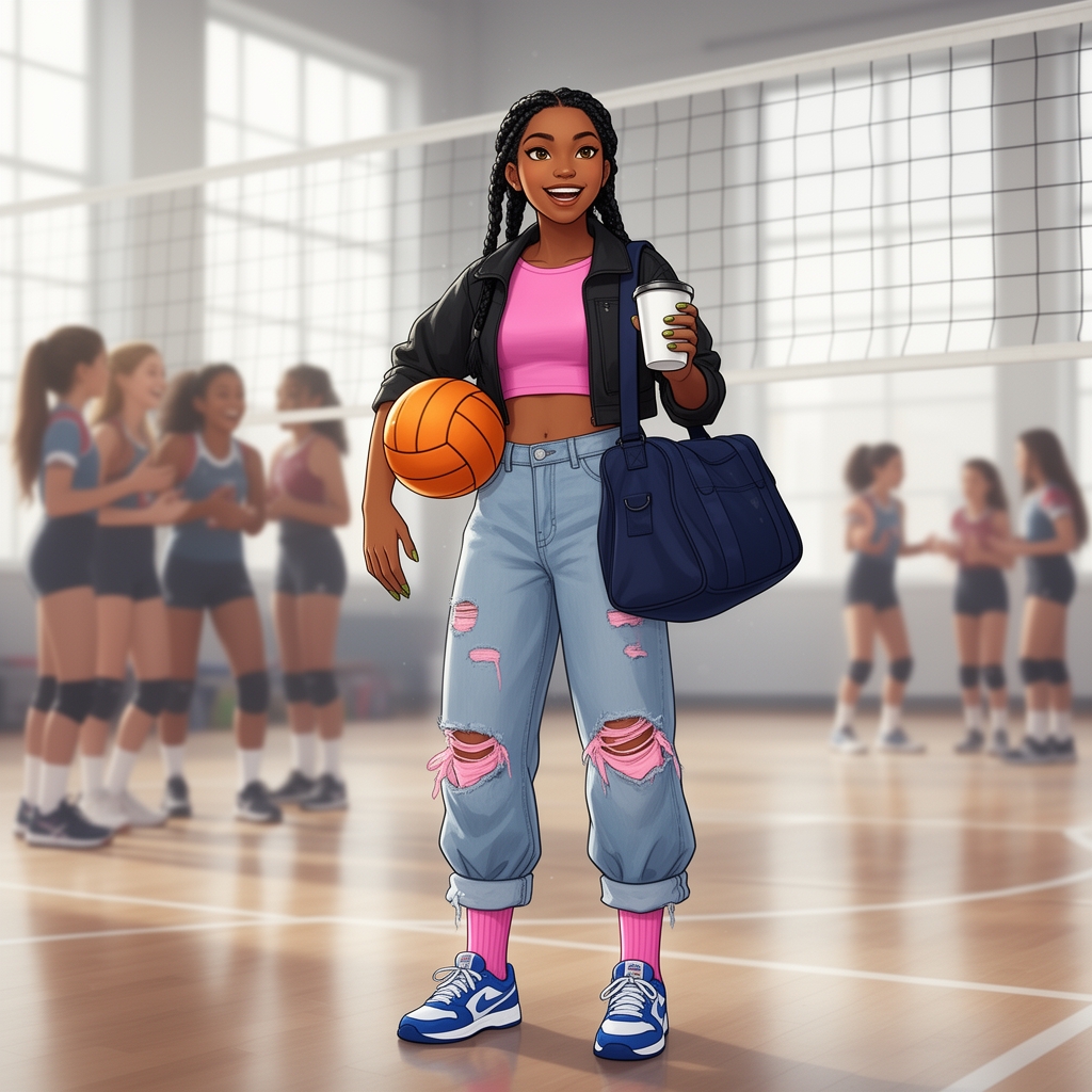 یک دختر ۱۸ ساله که نیم تنه صورتی کوتاه پوشیده و ناخن های زیتونی وموهای  مشکی بافته شده با شلوار جین بگ آبی پرنگ با پارگی های صورتی ملایم و پاچه های پاره ویک کت کوتاه سیاه که داره جلوی کلاس والیبال داره با دوستاش حرف میزنه ویک توپ داره ویک ماگ تراول در دست داره و جوراب صورتی پرنگ بلند داره وکفش آبی و سفید داره ویک کیف ورزشی کالباسی رنگ روی دستش داره 0