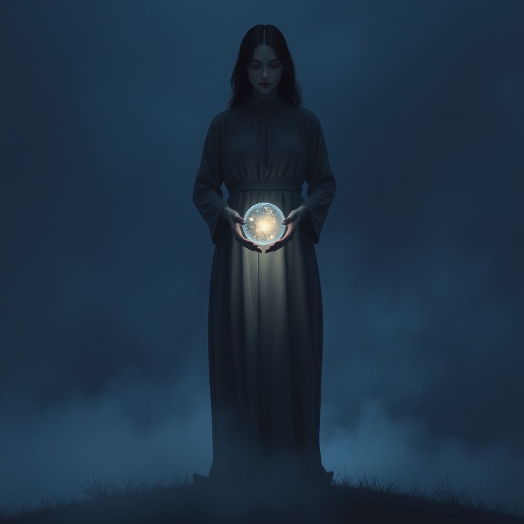 یک شبح مرموز از فردی که یک کره درخشان در دست دارد، ایستاده روی تپهای مهآلود.8