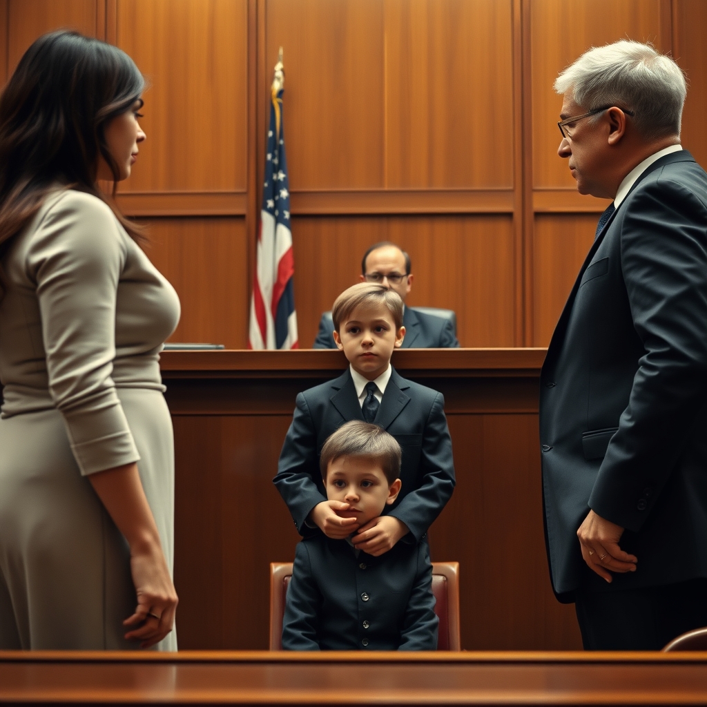 عکس دادگاه که زنی یک طرف استاده و مردی طرفی دیگر.کودکی هم نشسته.قاضی حکم طلاق میدهد3