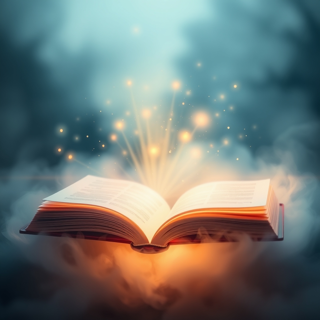 یک کتاب فانتزی با صفحاتی از جنس نور، که هنگام شناور شدن در هوا می‌درخشد.19