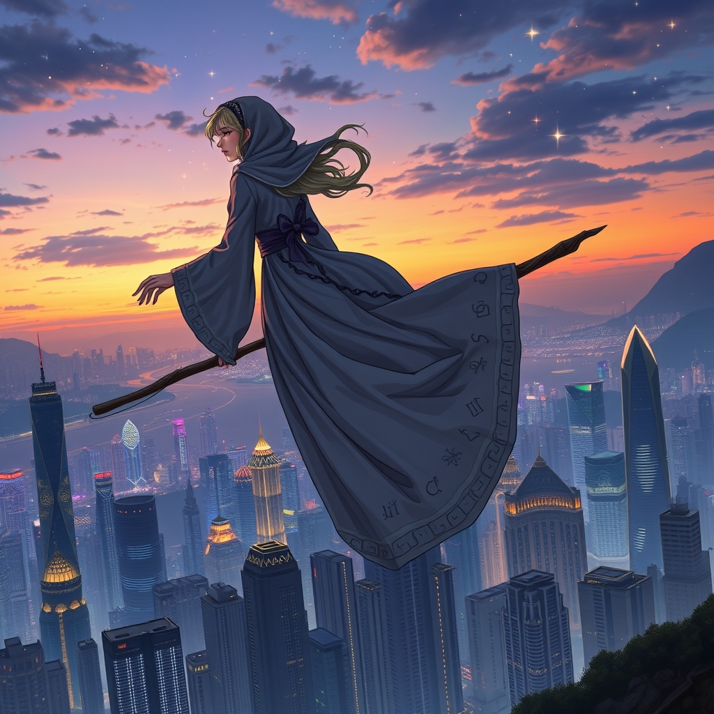 جادوگری سوار بر جارو در حال تماشای شهر هنگ‌کنگ 5