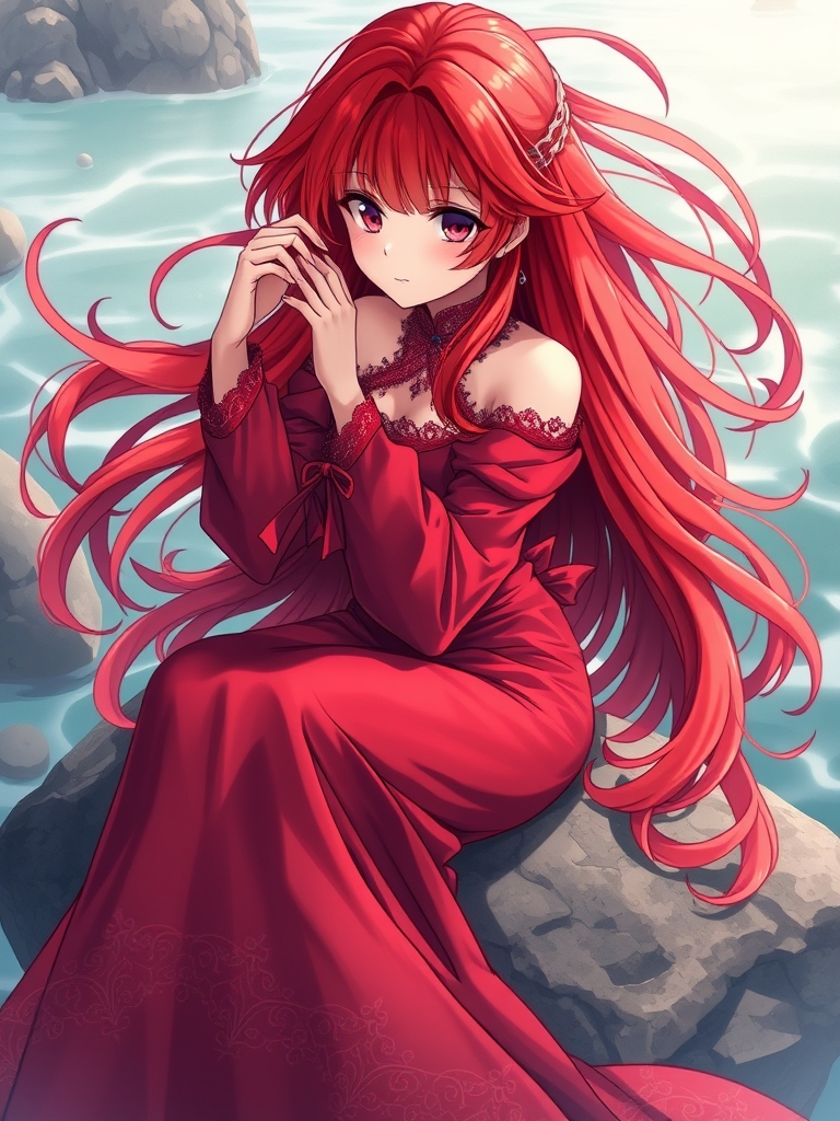 تصویری پری دریایی زیبا با مو های قرمز که بر روی سنگی نشسته و مو یش را شانه می کنی با چشم های قرمز و لباس بلند شیک که رنگ رنگ لباس ان قرمز است
18