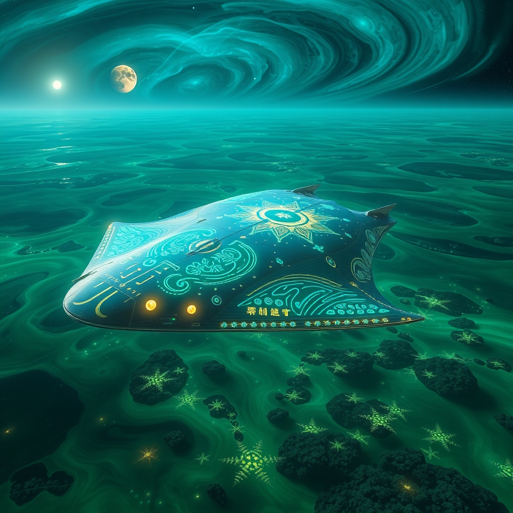 یک سفینه فضایی آینده‌نگر به شکل موجود دریایی، در حال پرواز بر فراز یک اقیانوس بیگانه.22