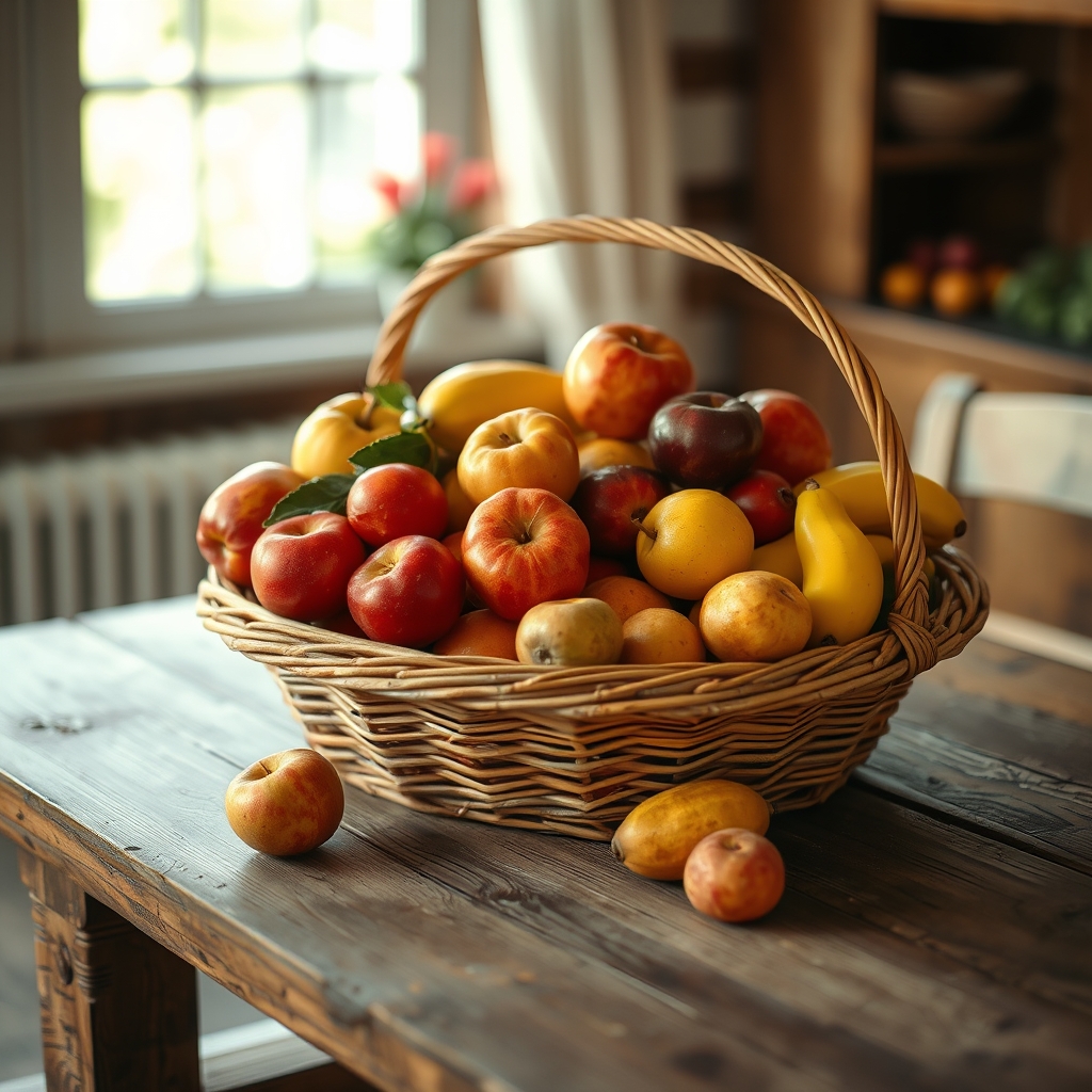 یه سبد پر میوه جلوی پنجره روی میز چوبی13