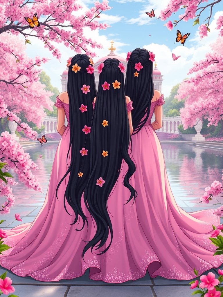 سه قلو ها ، ستین و سوین و سلین سه خواهر سه قلو هستند و شبیه هم هستند و ۱۵ ساله هستند و مانند راپونزل هستند و موهای مشکی بسیار بلند دارند که روی زمین کشیده می شود که موهای آنها با گل های رنگارنگ تزیین شده است و قصری زیبا کنار دریاچه با گل ها و درخت شکوفه صورتی است و سه خواهر لباس ابریشمی به رنگ صورتی و دامن دار و اکلیلی دارند و دامن آنها بر روی زمین پهن شده است و پروانه های رنگارنگ اطراف آنهاست13