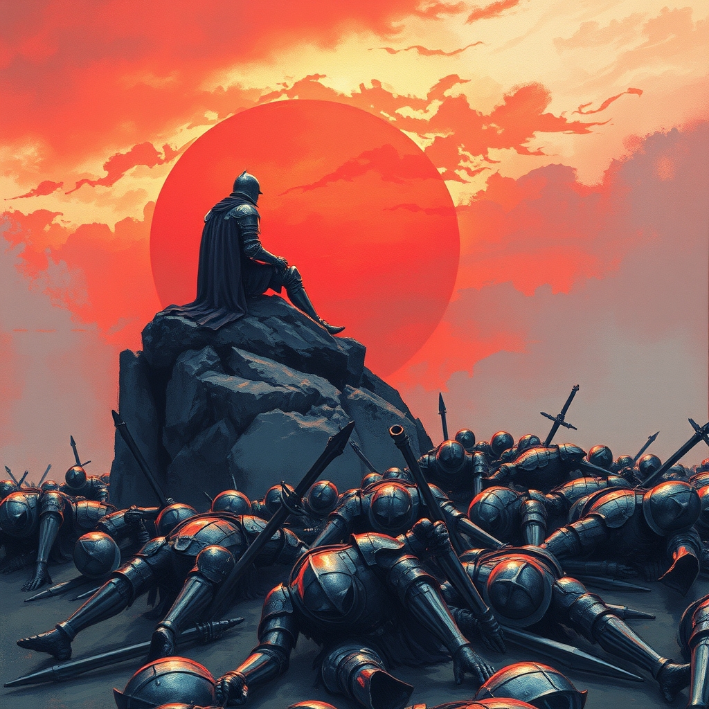 شوالیه ای بر روی صخره ای نشسته و جلویش سربازان کشته شده در نگاه به غروبی خونین از پشت5