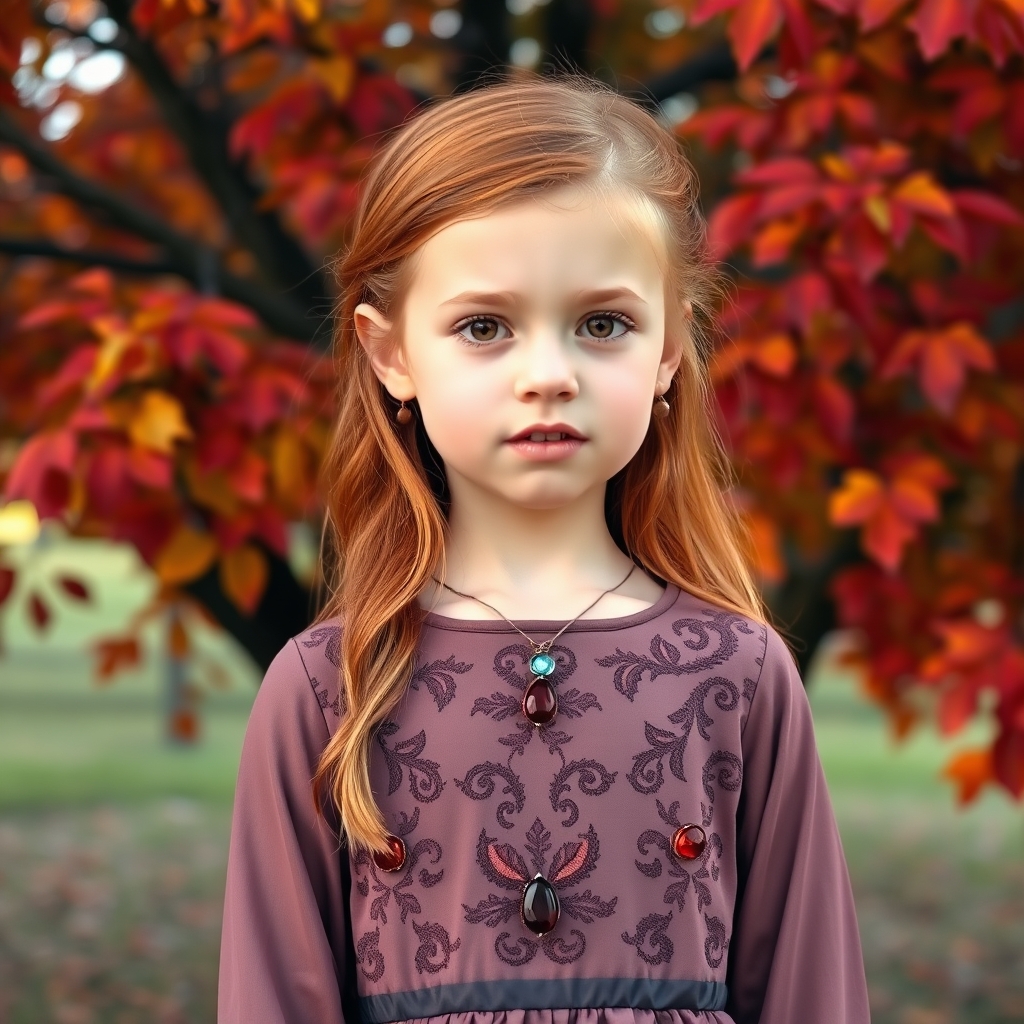 دختری زیبا روی با چشمانی به رنگ قرمز یاقوتی 
مو های به رنگ رز قرمز و هر چه به پایین می آید تیره تر شود و تا زانویش باشد و لب هایی به سرخی توت فرنگی 
با لباسی که توریه و ارغوانی  سنگ آکوامارین قرمز یاقوتی روی آن کار شده 
پشت آن درختان بلوط در فصل پاییز که رنگ های آن قرمز ، نارنجی و زرد باشد11