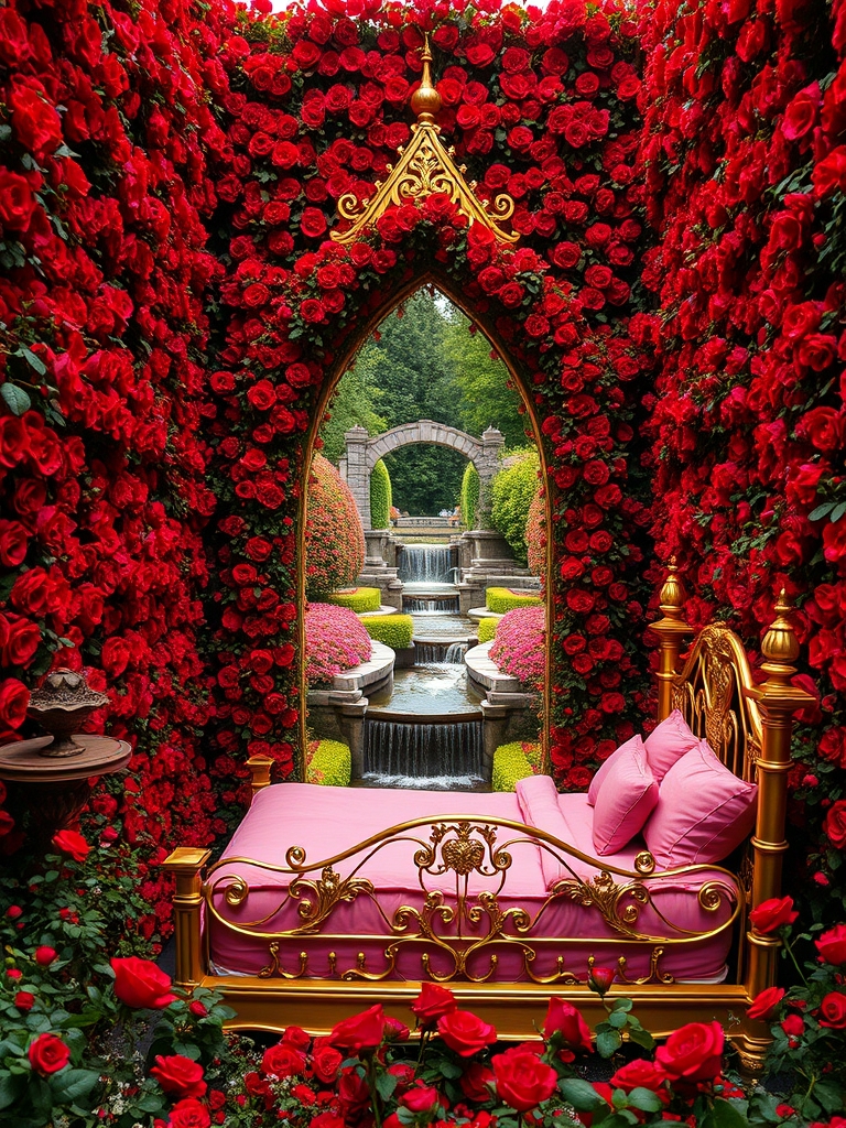 در باغی پر گل سرخ
در و دیوار بلند آن پوشیده از گل سرخ
زمین پر گل
وسط باغ
تونل مسقف از گل سرخ
گوشه کنار رود آبشار جاری ست
یک تخت خواب قرون وسطایی طلایی با کوسن صورتی20