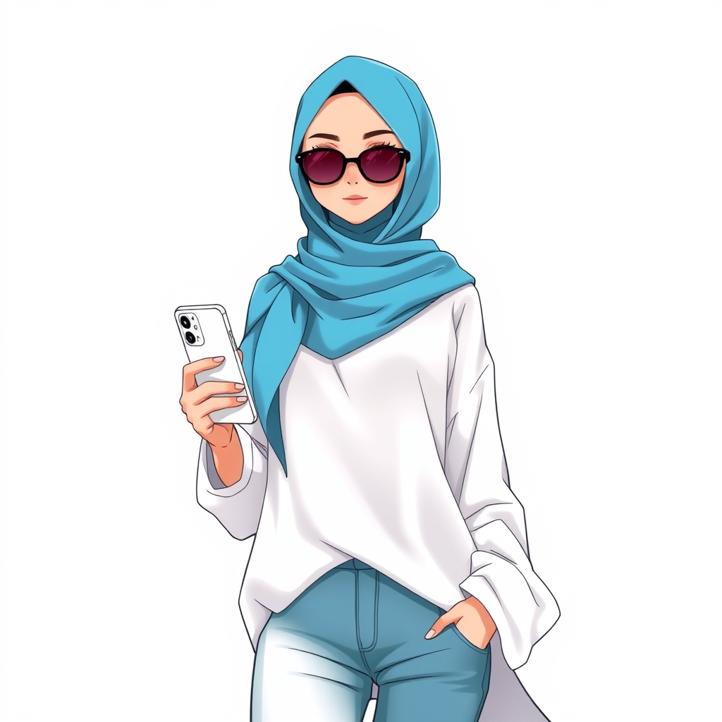 یک خانوم با روسری آبی آسمانی و لباس سفید و شلوار لی آبی آسمانی با عینک دودی با گوشی آیفون ۱۱ با قاب سفید15