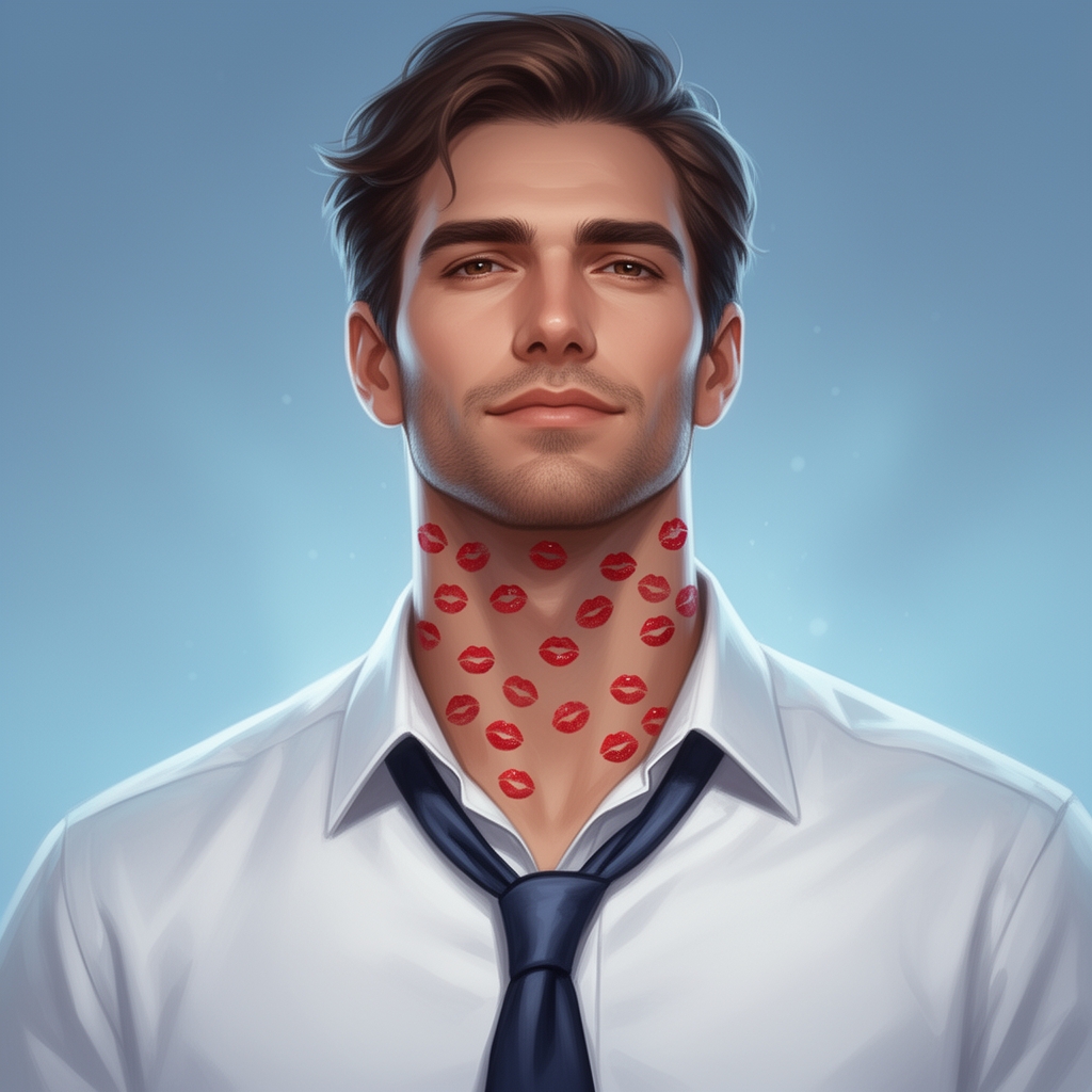 یک مرد جذاب با کراوات باز که روی گردنش کلی بوسه ماتیک قرمز هست3