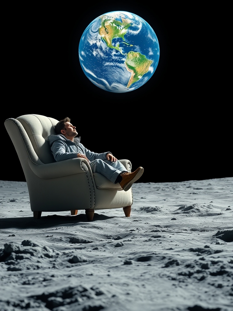 مردی روی مبل بر روی سطح کره ماه نشسته و کره زمین نگاه میکند5
