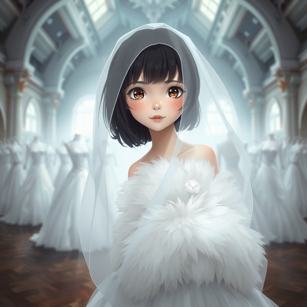 دختری با پوست سفید وموهای کوتاه مشکی با چشم های قهوه ای روشن با تور عروس دنبال داره سفید پوفی و در تالار بزرگ با تم سفید وصورتی0