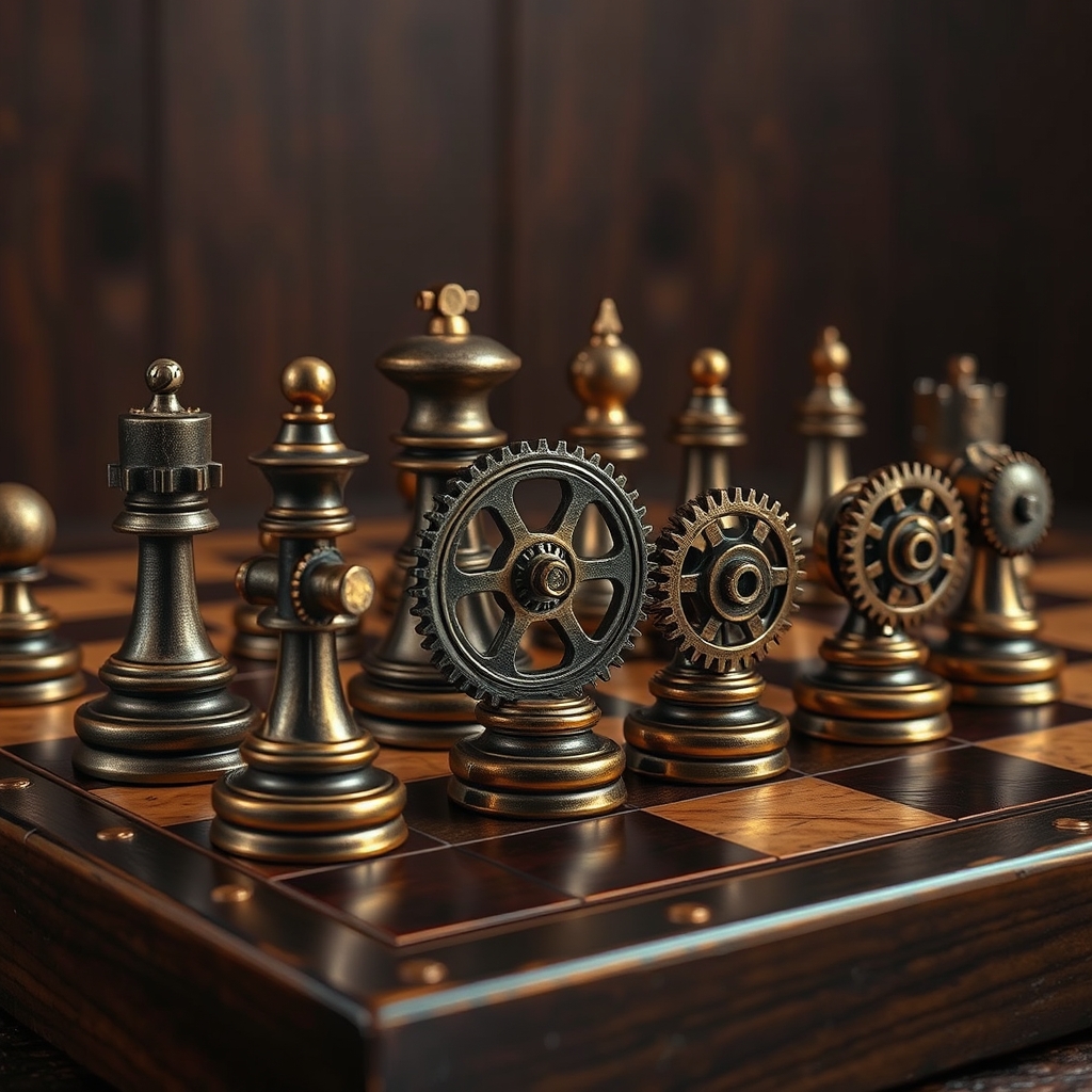 یک صفحه شطرنج به سبک استیم‌پانک با مهره‌هایی به شکل چرخ‌دنده‌ها.18