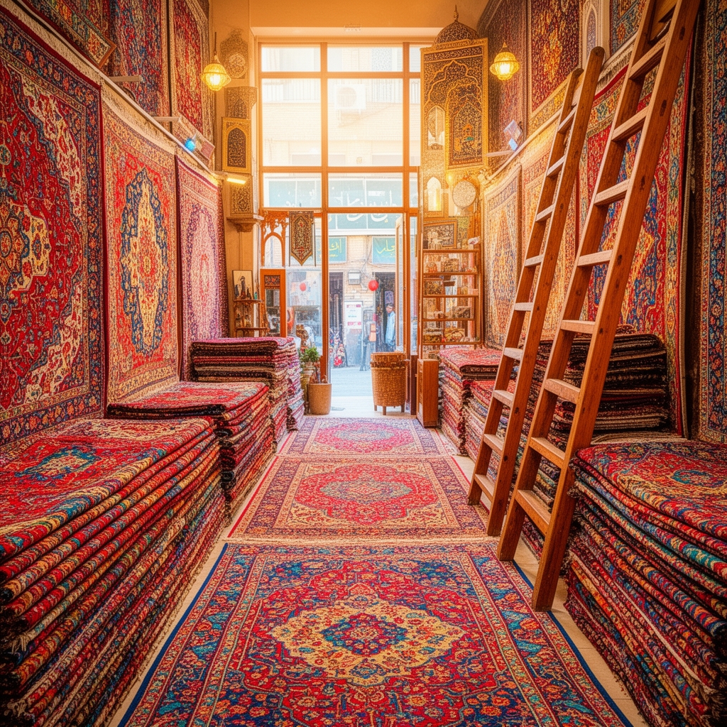 یک فروشگاه قالی ایرانی پر از طرح‌ها و نقش‌های زنده و سنتی.2