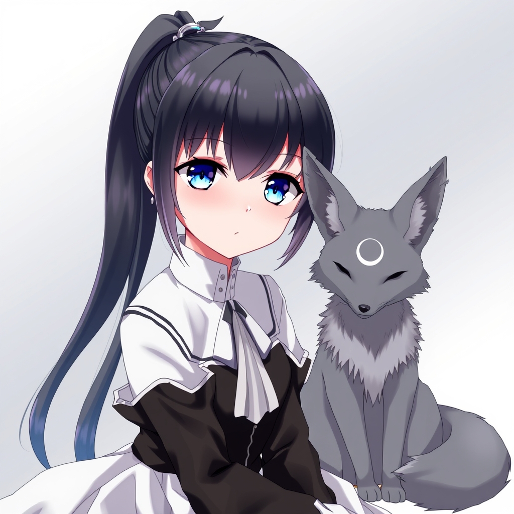 یک دختر با موهای بلند که بالای موهایش سیاه و پایینش خاکستری است ودم اسبی بسته و موهایش تا پایین پایش هست چشمانی به رنگ کریستالی دارد لباسی به رنگ سفید و سیاه و مجلسی دارد در کنار او روباه نه دم سیاه که چشمانی خاکستری دارد و روی پیشانی اش ماه است 1