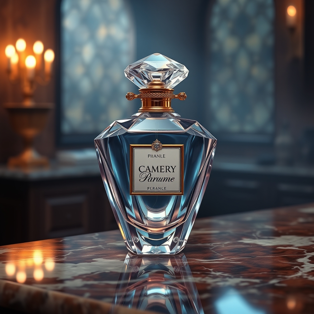 یک شیشه عطر لوکس به شکل الماس، قرارگرفته روی یک پیشخوان مرمر.5