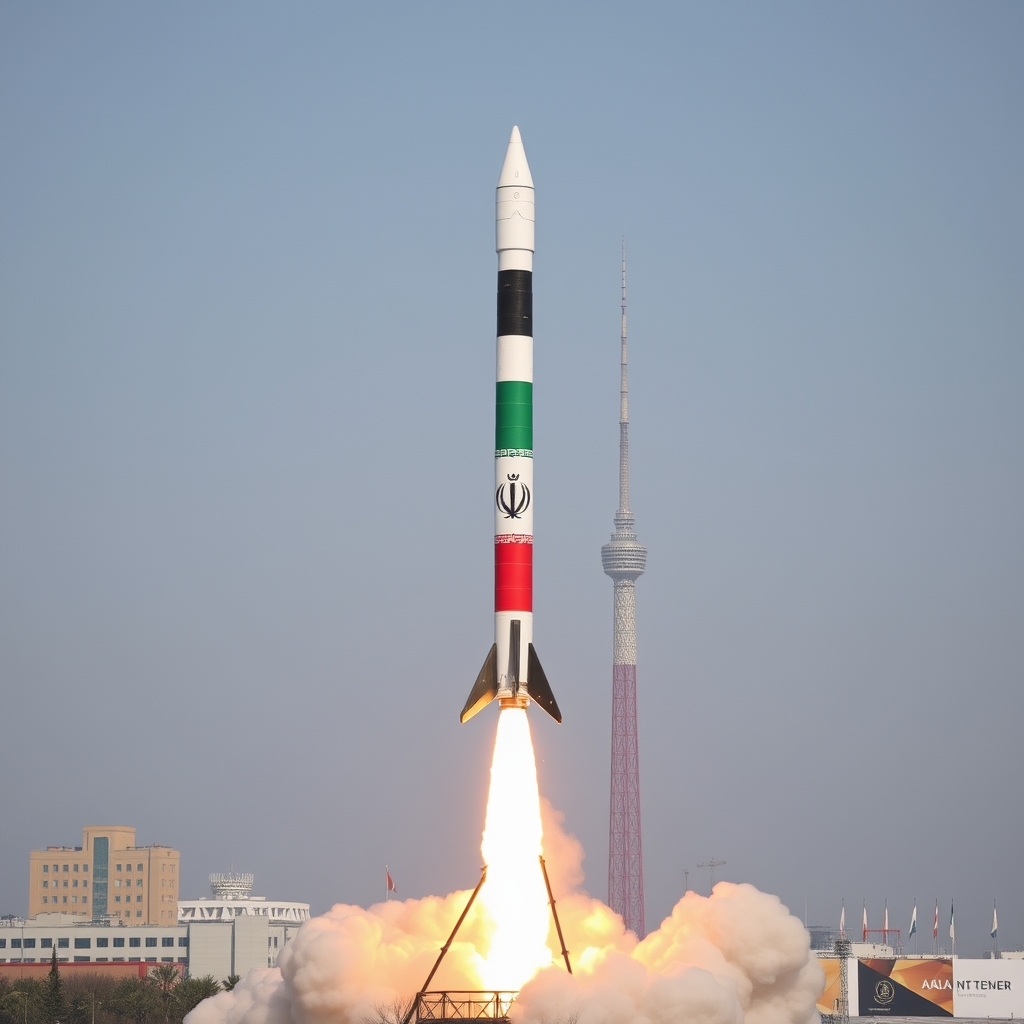 موشکی که پرچم ایران روی آن است و توی تهران بلند شده و در عکس برج میلاد و برج ازادی است10