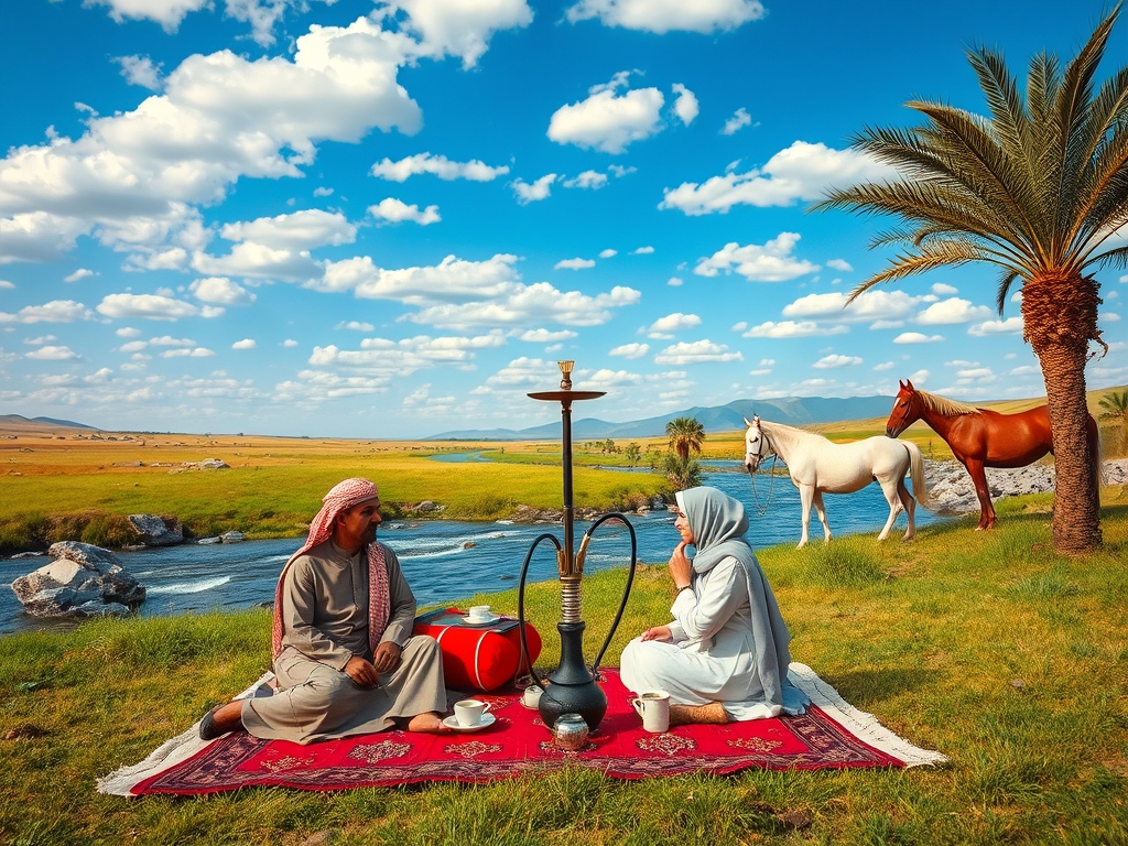 در فضای چمنزار و یک رودخانه سنگی بزرگ پراز اب صاف وسط چمنزار دو نفر  با لباس عربی دشداشه و چفیه عربی نشستن زیر فرش عربی قرمز و تکیه دادن به پشتی قرمز عربی  و یک منقل اتیش جلوشون که زغال روشن داره کنار زغال قوری سفید رنگ و کنار قوری دله قهوه عربی  و سمت راست رودخانه اسب سفید بسته شده به درخت خرما  وسمت چپ رودخانه اسب قرمزی بسته شده به درخت کنار هندی  و اسمون ابی روشن خیلی و ابرهای زیاد سفید رنگ 9