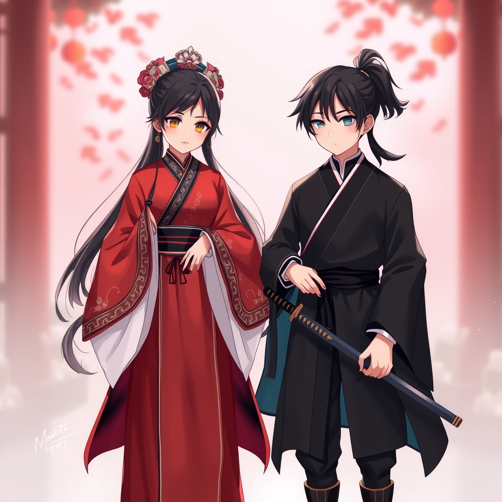 یک دختر ناز چینی با لباس قرمز سیاه سفید در بغل یک پسر چینی با لباس سیاه مو هایش دم اسبی بسته و یک شمشیر در دست داره
رمانتیک5