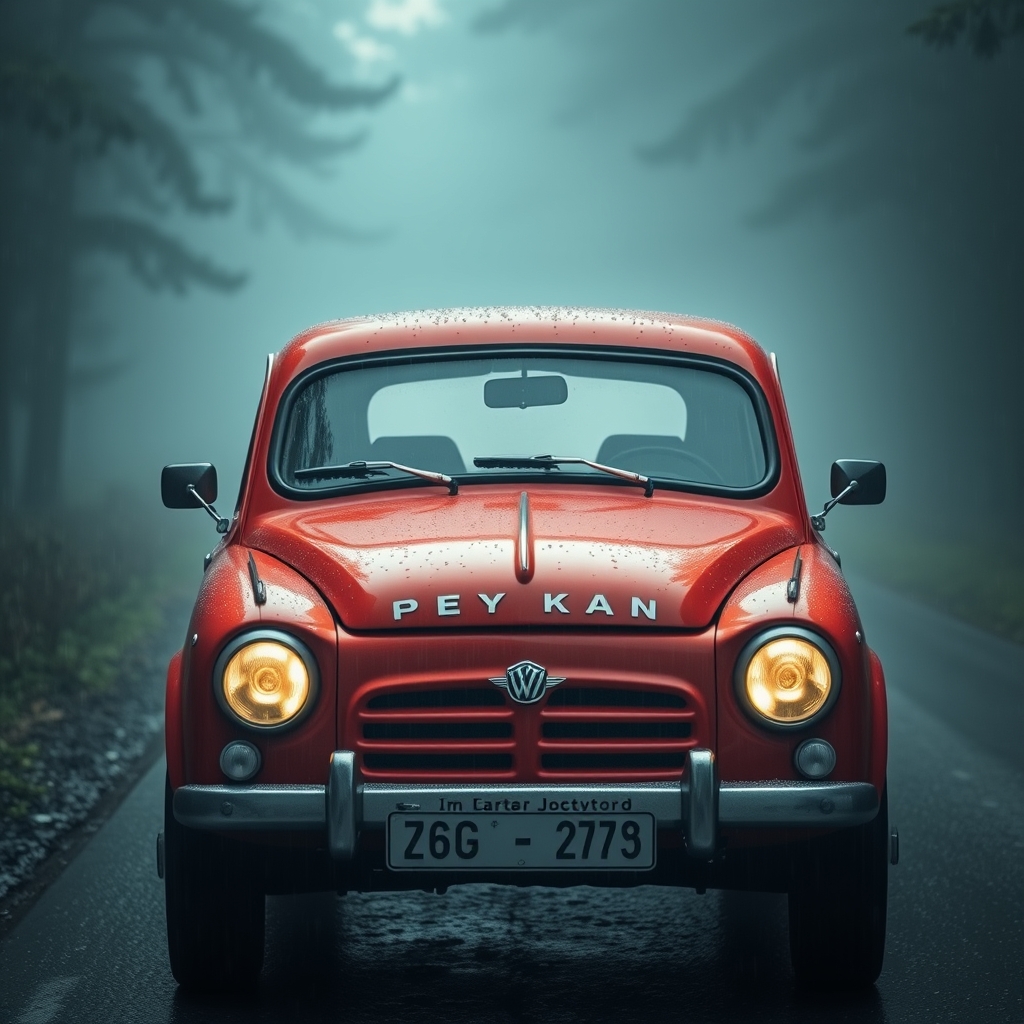 پیکان جوانان گوجه‌ای رنگ کلاسیک که در جاده چالوس شمال ایران حرکت می‌کند، جنگل‌های مه آلود در اطراف، هوای بارانی و نوستالژیک.1