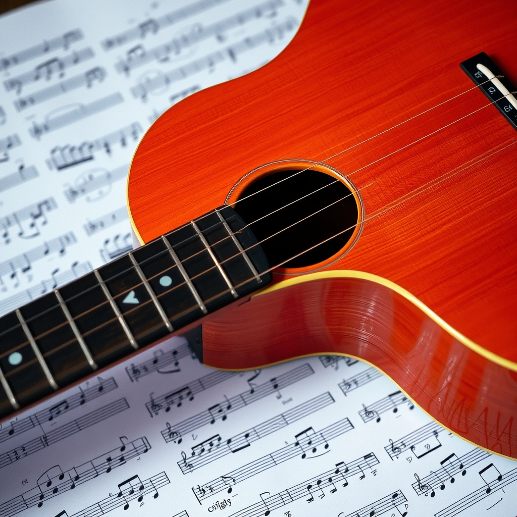 عکس گیتار نارنجی قهوه ای که روی برگه ی نت موسیقی باشد 10