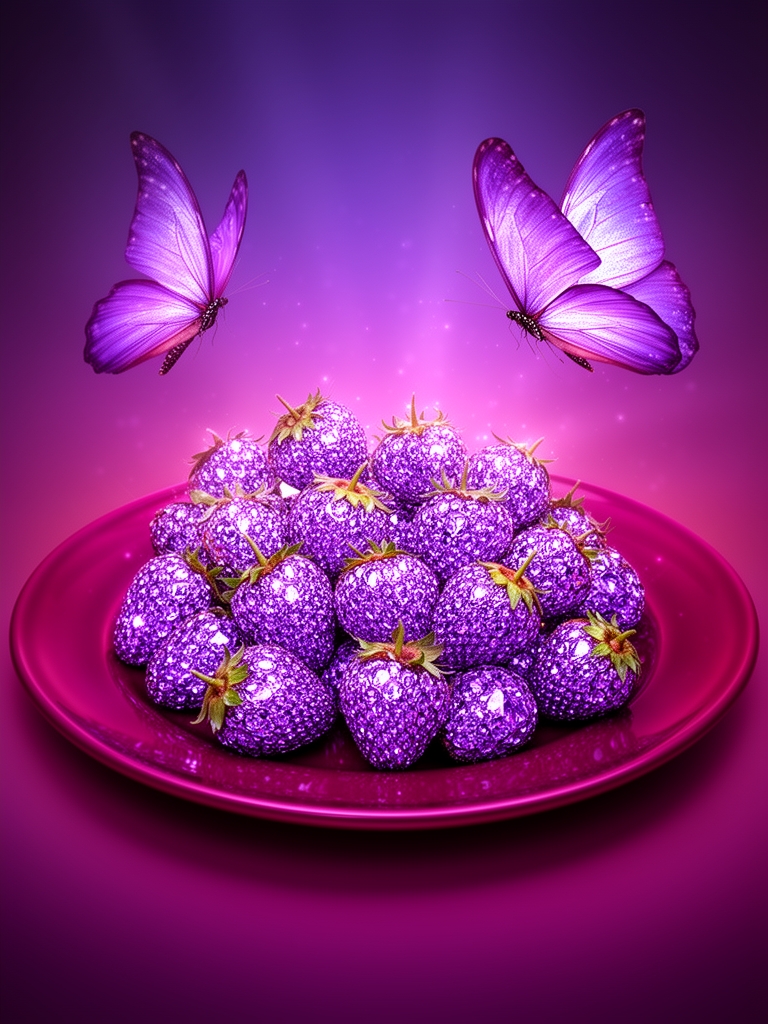 یک بشقاب ارغوانی پراز توت فرنگی های بنفش رنگ زیبا و بلوری در حالی که پس زمینه آن بنفش و ارغوانی است با یک پروانه با بال‌های بنفش دور آن پرواز میکند 3