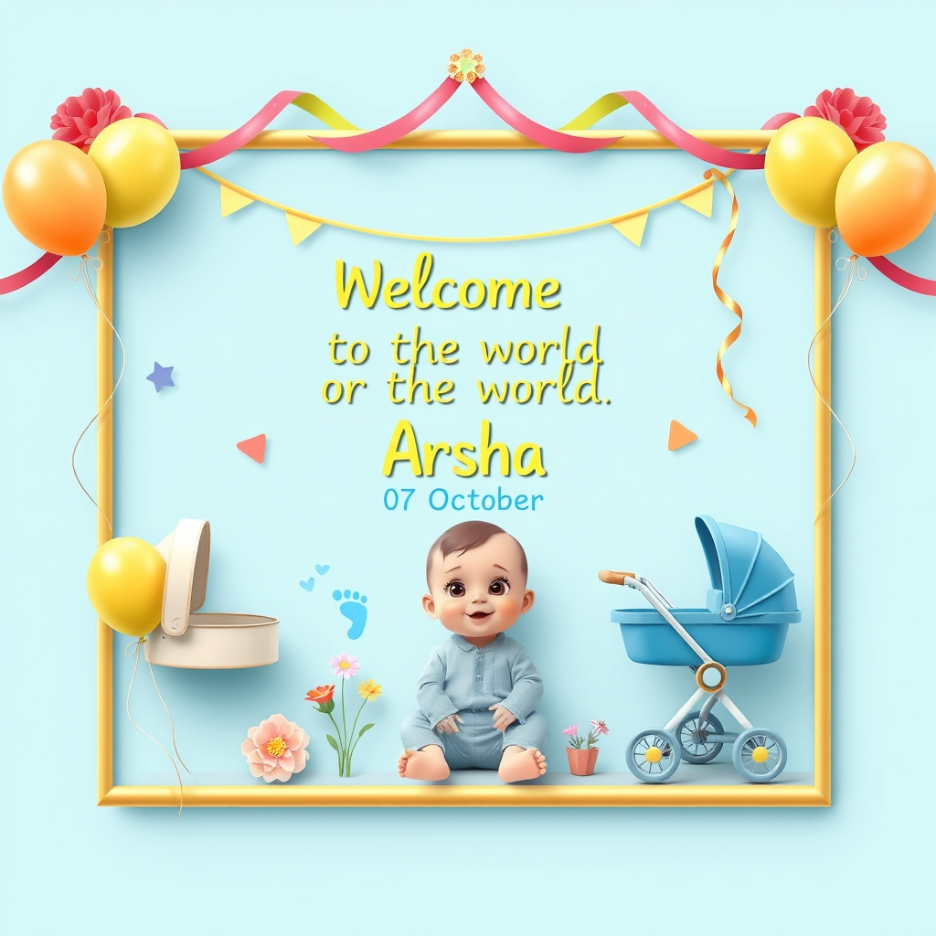 یک مستطیل به رنگ ابی اسمانی با حاشیه های طلایی با طرح بادکنک و نوار رنگی و گل ، کیوت و بچه گونه و برای boy baby باشه و وسطش بنویس، Welcome to the world Arsha، 07 Octoberتصویر ردپاهای کوچولو و ابی رنگ و کالسکه ابی رنگ و یه نوزاد پسر نشسته👶, تصویر درخشان و سه بعدی باشد 21