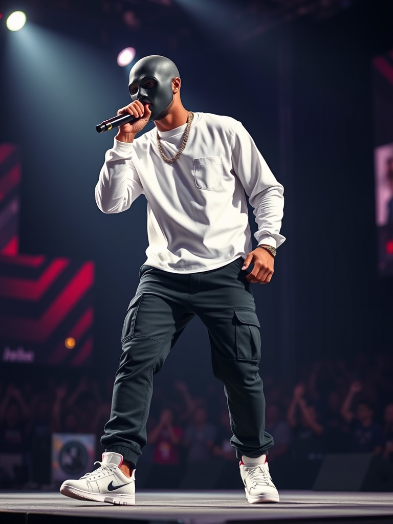 یک رپر با یک ماسک پوکر مشکی و لباس آستین بلند سفید و شلوار ۶ جیب مشکی و کفش کاملا سفید روی استیج کنسرت و میکروفون به دست  22