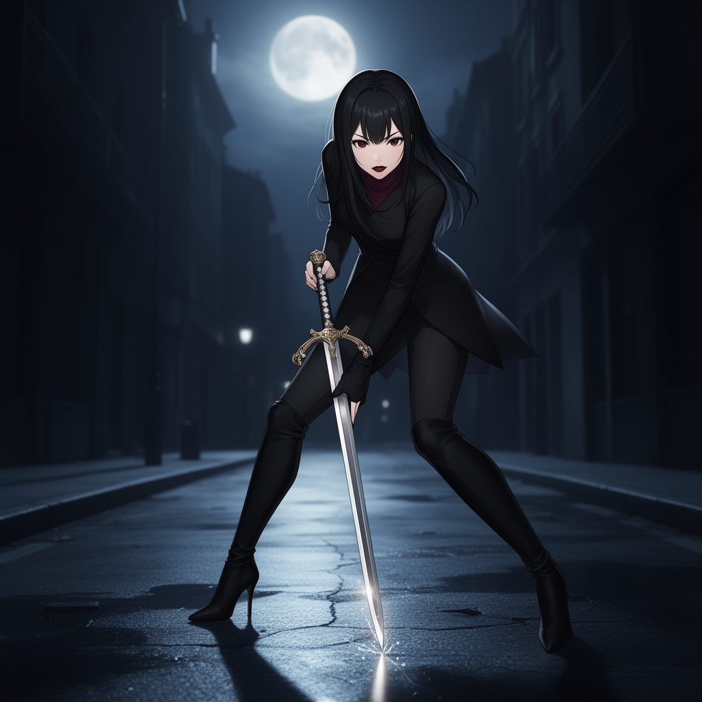 دختری با موهای مشکی رژ زرشکی و چشمان تیره با شمشیری زیبا بر دست که آن را روی زمین میکشد و در تاریکی شب نور ماه خیابان را روشن کرده و قصد کشت پادشاه را دارد. استایلی بسیار زیبا دارد .کفشی پاشنه بلند دارد و تمام لباس هایش سیاه است5