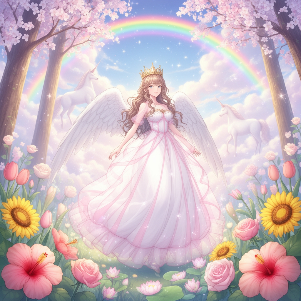 دختری ۲۰ ساله با بال سفید و لباس بلند پف‌دارسفید صورتی توری در جنگلی آسمانی آسمانی🥀🌺🌻🌷🌸🌹🌈🌈🌳🦄🦄☁☁☁☁⭐🪷🪷🪻🪻👑 و موهای بلند حالت دار ولباس خیلی باشکوه زیبا که آن دختر خیلی زیبا است و از همه دخترها زیباتر است5