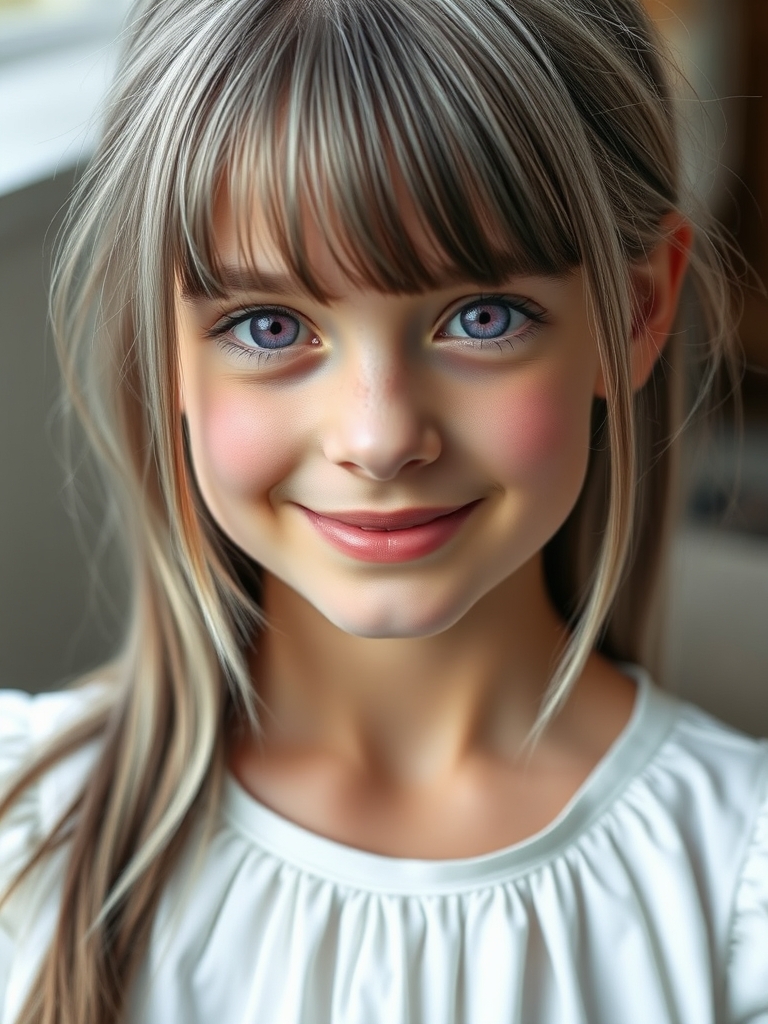 دختری ۱۵ ساله با مو های نقره ای رنگ که رگه های سیاه رنگ دارد،چشمان بنفش نافذ،گونه های گلگون،پوستی بیش از حد رنگ پریده،او لبخند به لب دارد و چهره ای بسیار زیبا دارد، او پیراهن سفید رنگ یقه باردو ی خیلی زیبایی پوشیده16