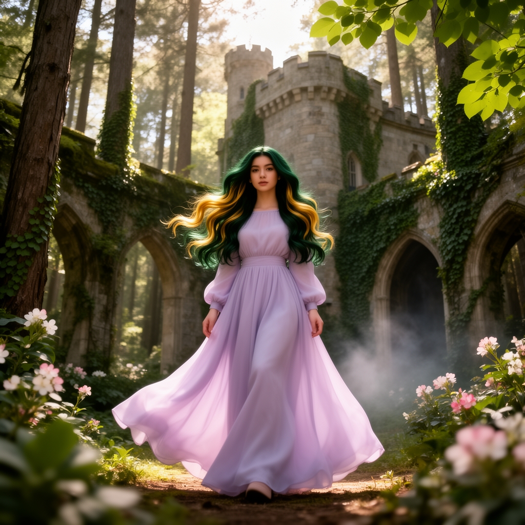 دختری۱۹ساله زیبا با لباس بلند خیلی پفدار با سیاه سبز موهای خیلی بلند حالت دار طلایی روشن در قصری جنگلی زیبا 🌳🌳🪴🌲🌹🥀🌸🌼🌷🌝☁🌊🌲🪨 1