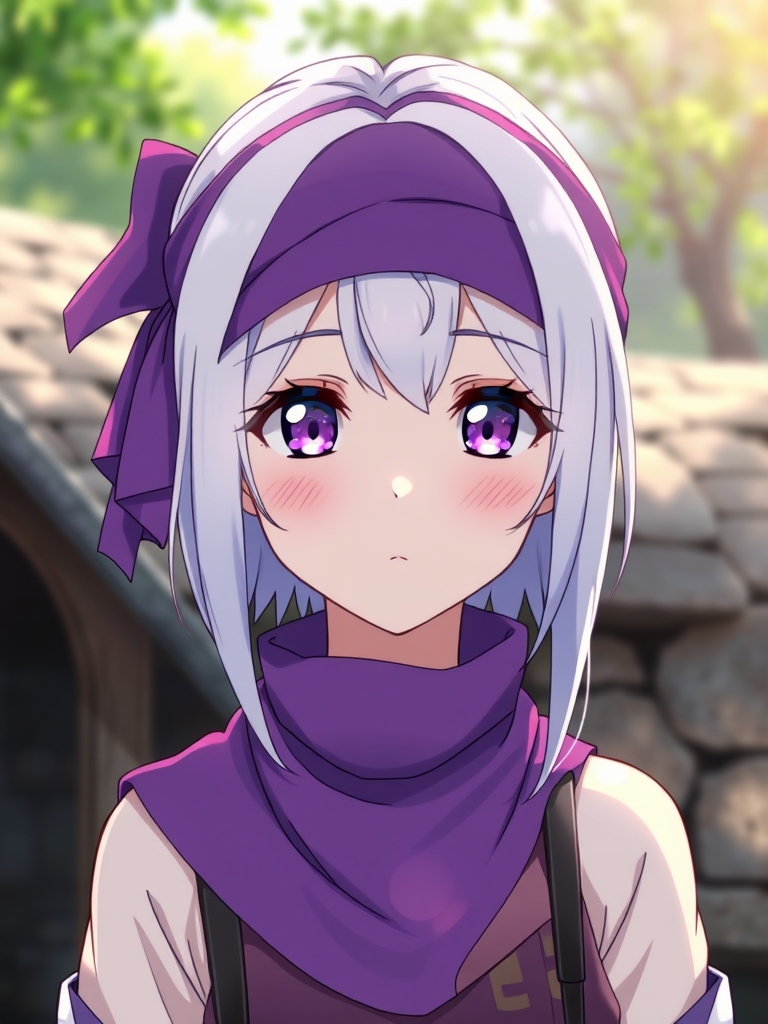 دختری که هدفون بنفش سرش باشه وبا موهای سفیدکه تره های بنفش داره و پوست سفید
چشمای بنفش درخشان 5