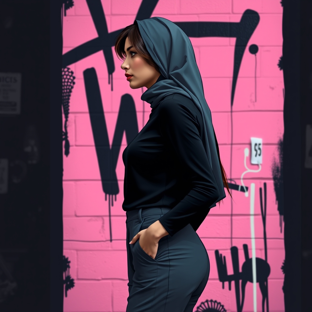 پروفایل خفن دخترونه با دیوار نقاشی شده پشت سرش صورتی و مشکی و وایب تیره19