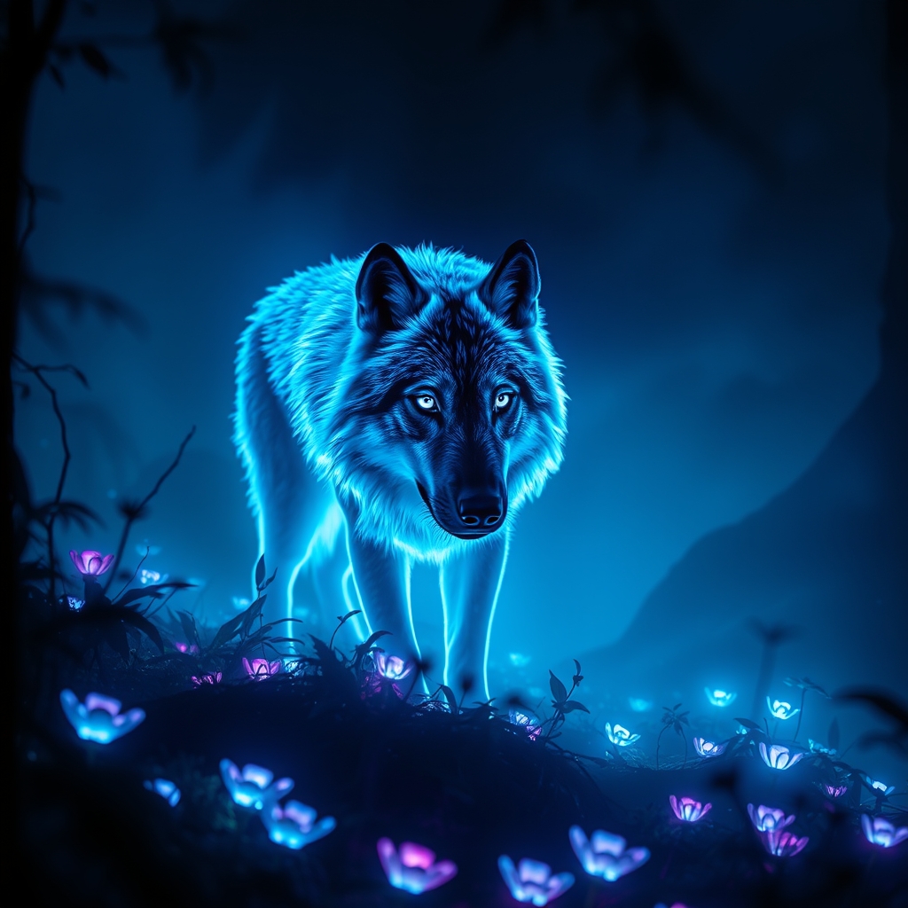یک گرگ نئونی درخشان در جنگلی تاریک، احاطهشده توسط گیاهان شبتاب.22