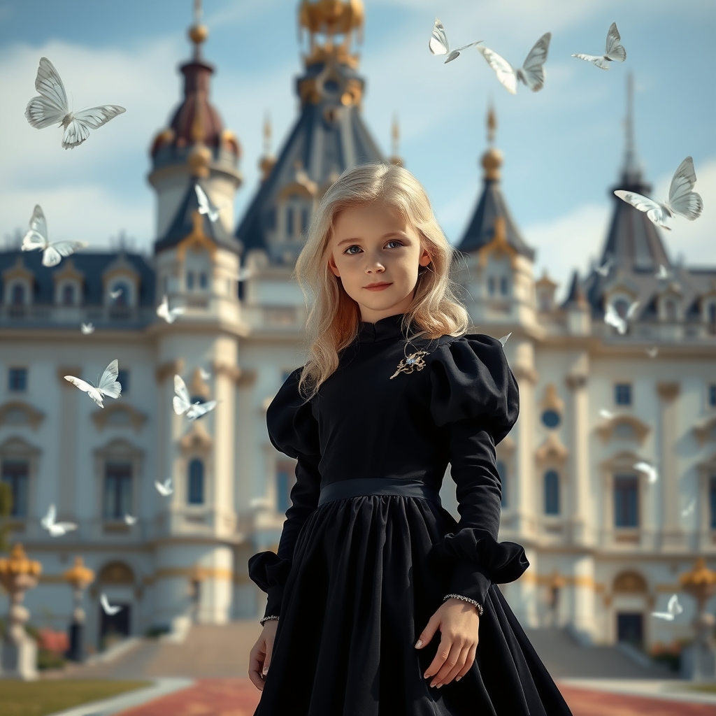 دختری جوان با موهای زرد که همچون  طلا باشد و با چشمانی آبی رنگ باشد و  لباس سلطنتی تنش باشد و پشت سرش قصر بزرگ و با شکوهی باشد و پروانگان سفید رنگی هم در حال پرواز باشند0