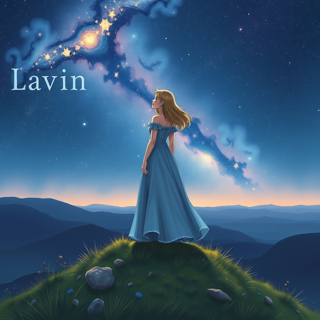 دختری زیبا با قد بلند و مو هایی متوسط و زیبا رو ی تپه ای زیبا بود . شب بود و کهکشان در آسمان معلوم بود.دختر در روی تپه ایستاده بود و به کهکشان خیره شده بود . دختر دامنی بلند و پرنسسی بر تن داشت.  رنگ دامنه کهکشانی بود.  اسمش لاوین بود .بی حجاب4