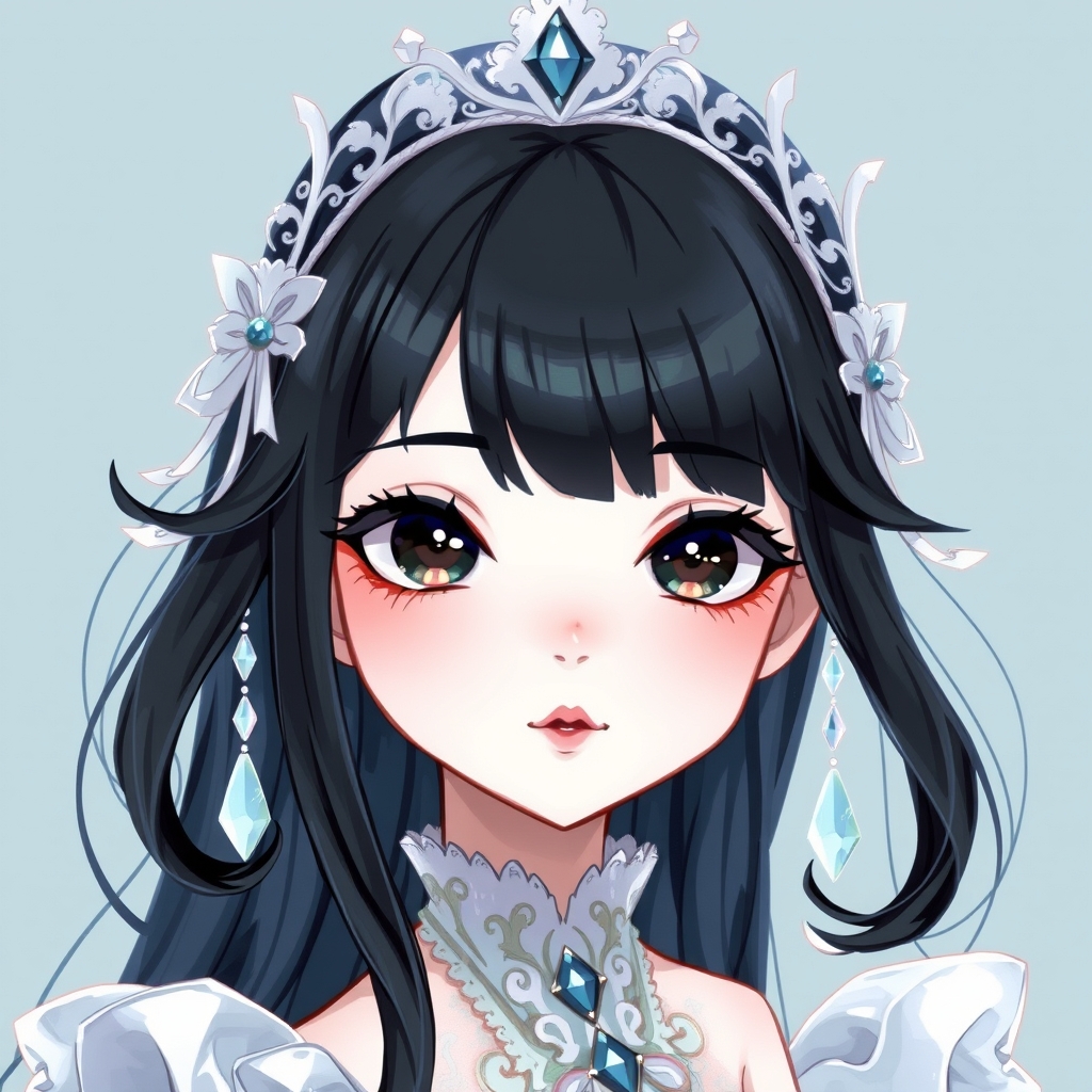 یک دختر  باموهای بلد سیاه و چشمان مشکی و خوشتیپ وصورت خیلی زیبا و لباس مجلسی خیلی زیبا با یک تاج سفید و با لبان سرخ وکوچک0