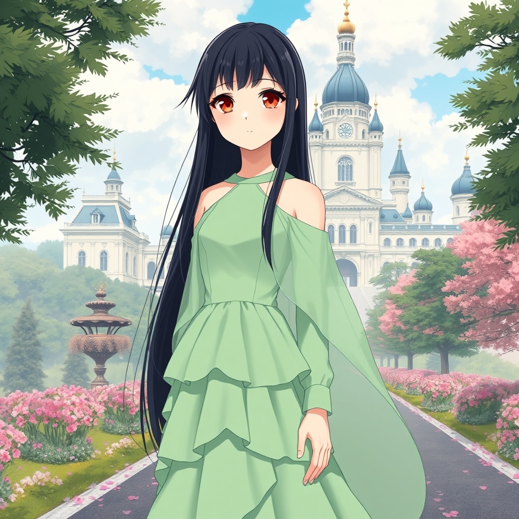 یک دختر زیبا با پوست سفید مثل برف،بینی کوچک،لب های گوشتی قرمز،چشمان درشت نارنجی،مژه های بلند و صورت زاویه دار،با موهای بلند مشکی هم اندازه خودش که صافه و اطراف دخترک پریشان هست،جلوش چتریه،دختر در کنار یک قصر باشکوه است،یه لباس سبز پاستیلی زیبا هم به تن داره که چندین لایه هست و یه شنل حریر همرنگ لباس هم روی لباسشه،دختر در جاده ای زیبا پر از گل و درخت است17