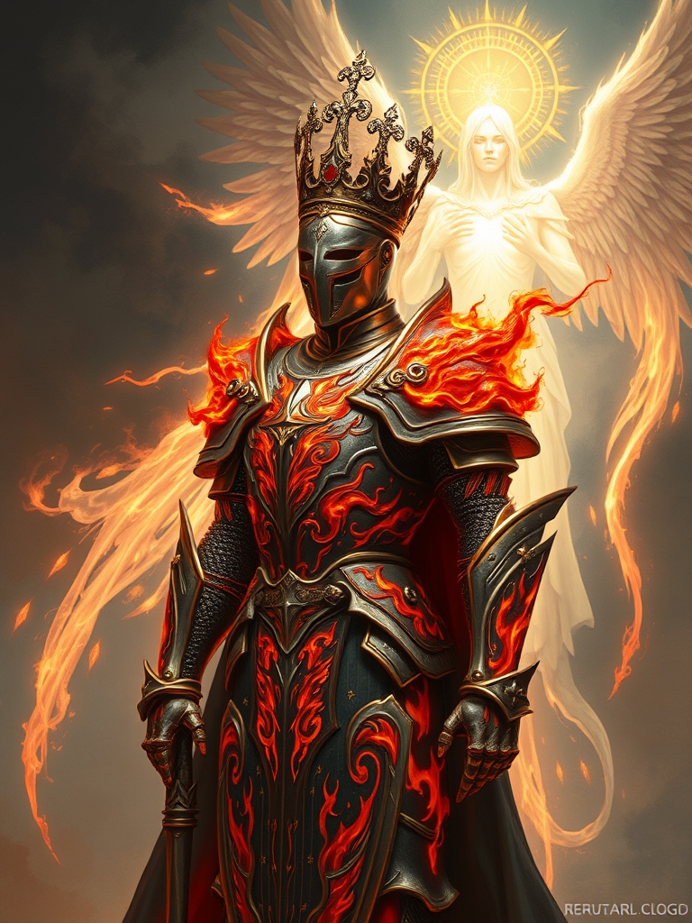 شوالیه ای که تاج بر سر داره و تمام لبس هایش جهنمی هستند و پشتش خداوند ایستاده است
21