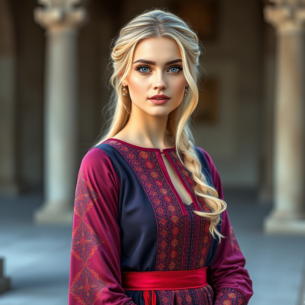 یه شاهزاده زن بسیار زیبا ایرانی و پوست سفید با قدی بلند و موی بور و چشم آبی با لباس اصیل با رنگ های ایرانی17