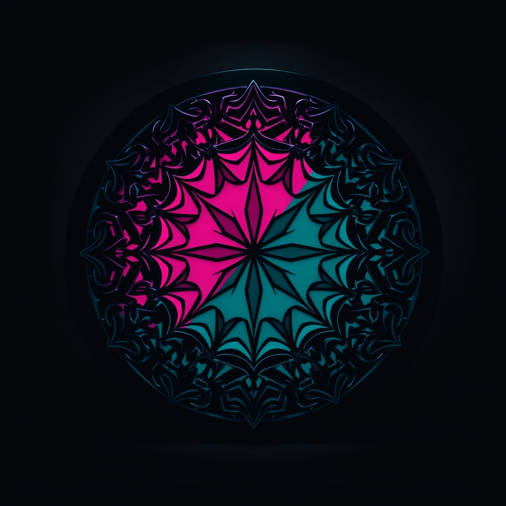 تصویری دقیق و با جزئیات بالا از لوگویی دایره ای شکل که نصف آن صورتی تیره ، و نصف دیگر دایره سبز آبی تیره است.این لوگو دارای خطوطی پیچیده و چند ضلعی های پیچیده تو در تو زیبا است که تا سر دایره نیز ادامه پیدا کرده است.فضا کمی ترسناک و دارک است.دوربین از نمای جلو است و انگار که در اتاقی با چراغ های خاموش است10