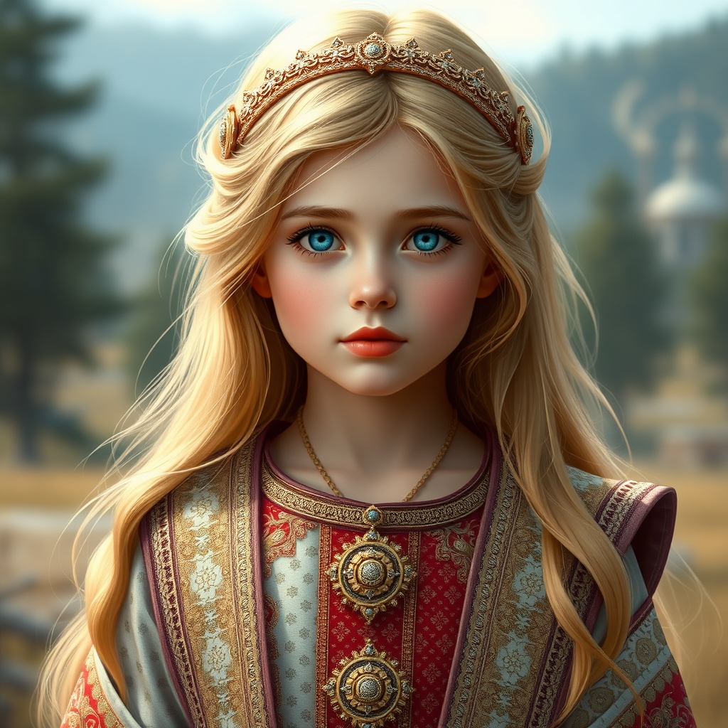 دختری بسیار زیبا و چهره زیبا و پاک و معصوم که موهای به رنگ طلایی و رژ قرمز بر لب او است لب های زیبا و زیبا دارد و لباس های سلطنتی و اصیل ایرانی دوره قدیم و پف پفی  گران قیمت بر تن دارد و در طبیعت زیبایی است و چشم های آبی آسمونی و چهره زیبا و پاک و مانند فرشته ها است0