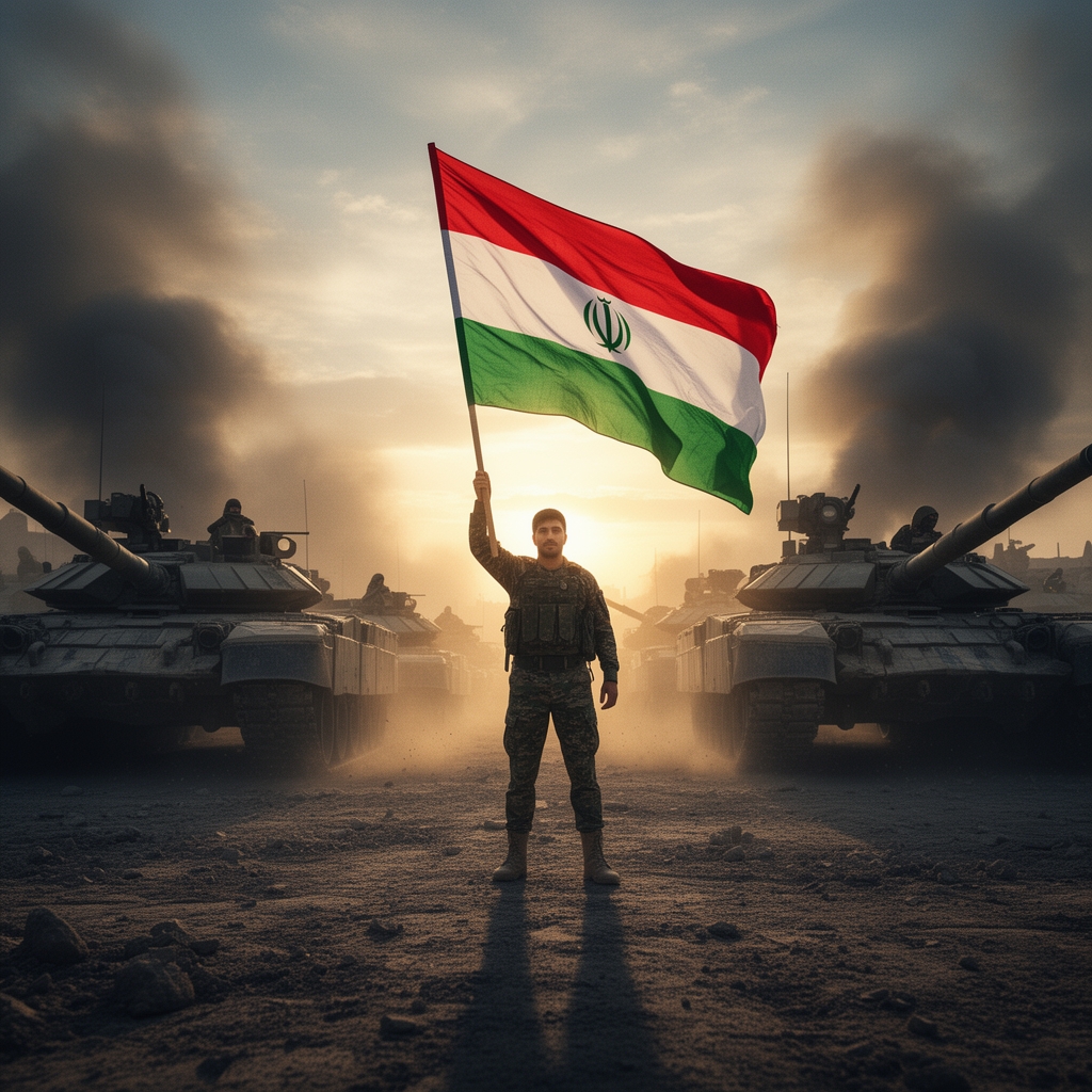 یک سرباز ایرانی رو به روی تانک های دشمن ایستاده و پرچم ایران را به احتراز در میاورد5